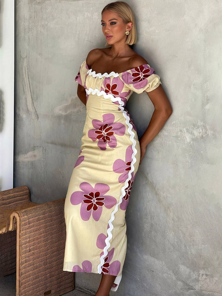 Levoire | Robe Longue Avec Fleurs En Lin Fente Décolleté Carré Manches Courtes Pour Femme Douce Élégante Décontractée Romantique Et Estivale