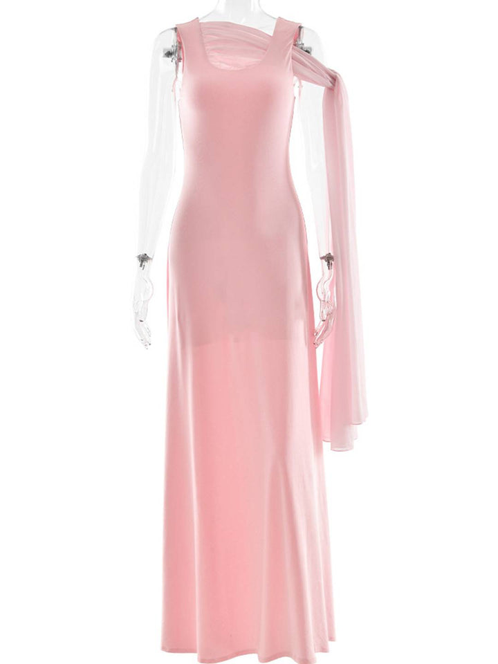 Levoire | Robe Longue Rose Tulle Bretelles Encolure Carrée Sans Manches Élégante Femme Pour Une Cérémonie Ou Un Dîner Romantique