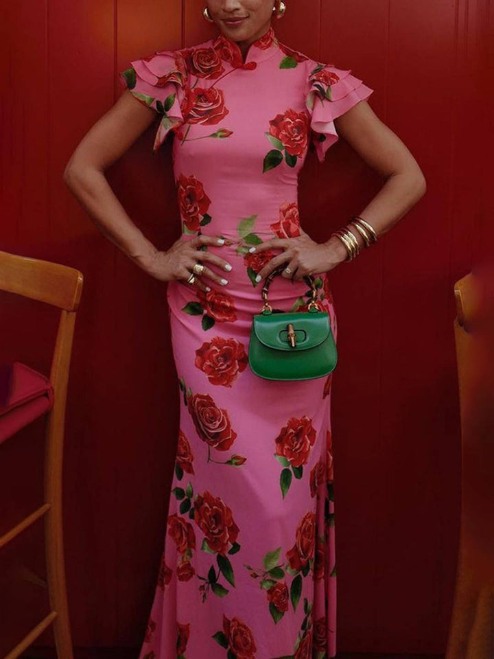 Levoire | Robe Longue À Fleurs Étroite Boutons Col Mao Superposition Volants Sans Manches Élégante Vintage Soirée