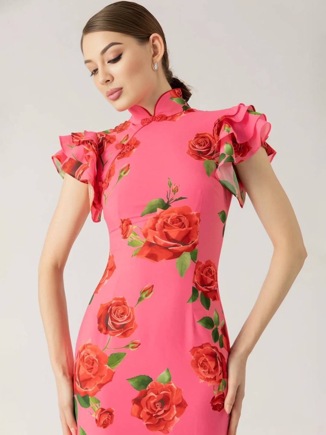Levoire | Robe Longue À Fleurs Étroite Boutons Col Mao Superposition Volants Sans Manches Élégante Vintage Soirée