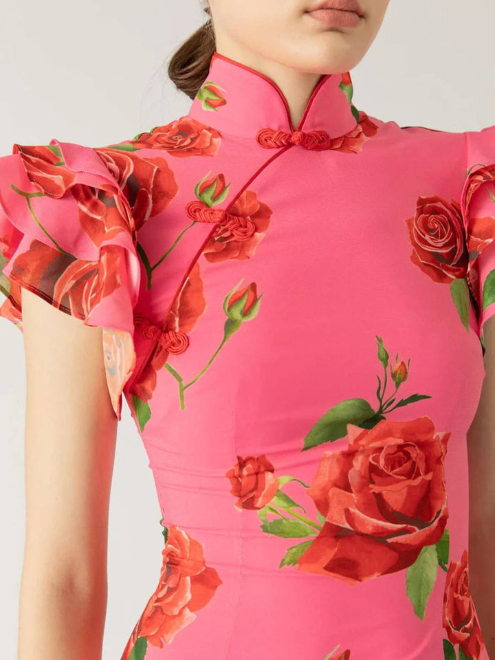 Levoire | Robe Longue À Fleurs Étroite Boutons Col Mao Superposition Volants Sans Manches Élégante Vintage Soirée