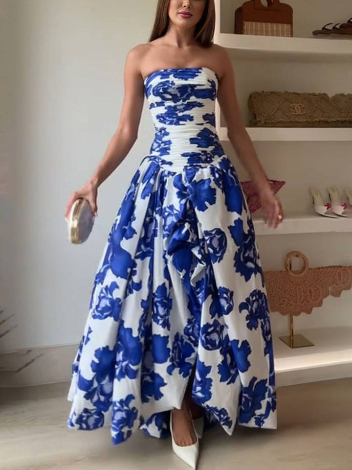 Levoire | Robe Longue A-Ligne À Motif Floral Bustier Fente Sur Le Côté Sans Manches Élégante Vintage Bal Cérémonie