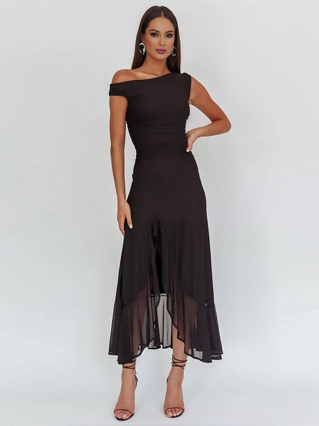 Levoire | Longue Robe En Tulle Ajustée À Épaule Unique Fente Latérale Avec Volant Sans Manches Pour Femmes Élégante Soirée Bal Prom Noir