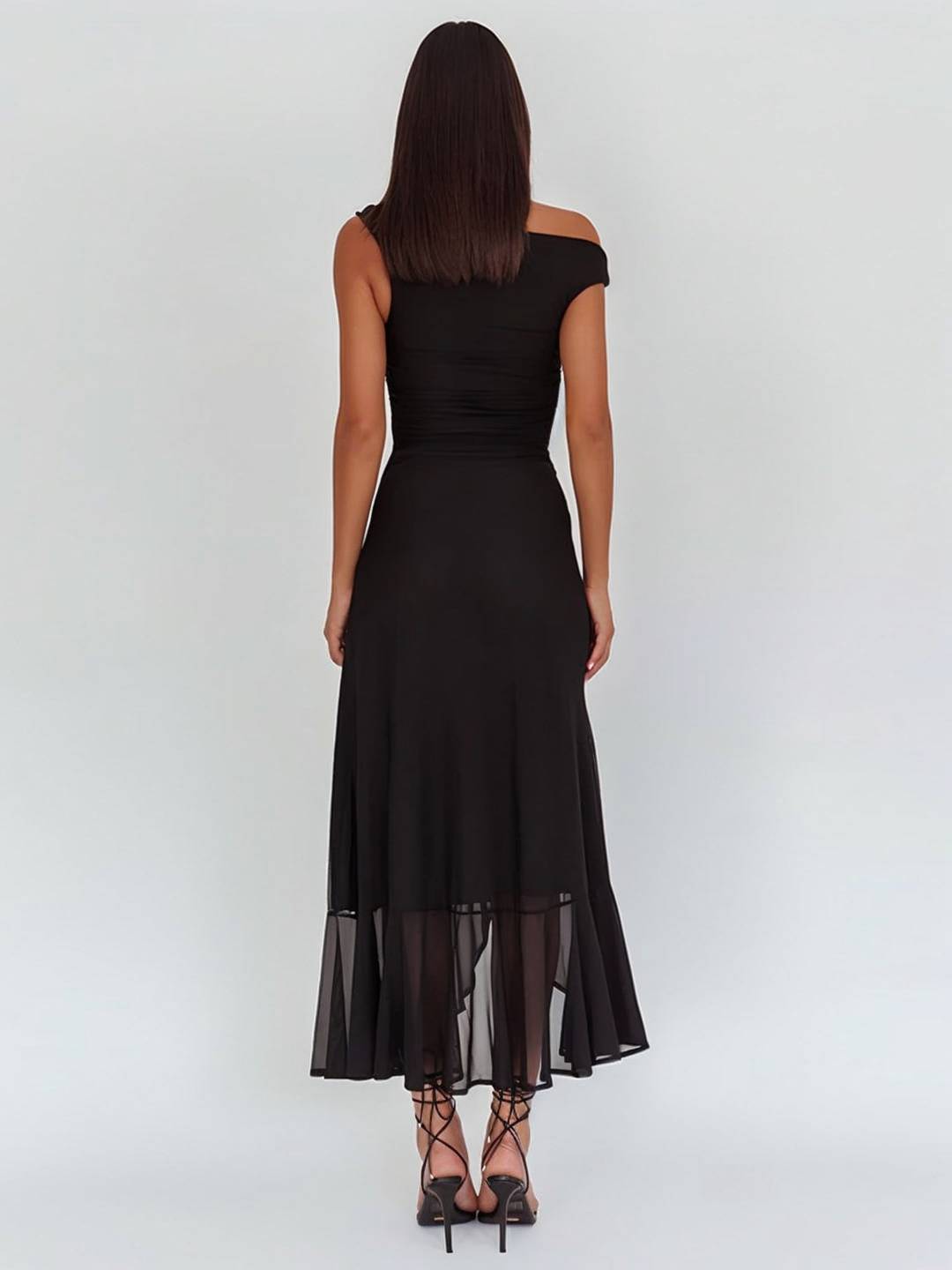 Levoire | Longue Robe En Tulle Ajustée À Épaule Unique Fente Latérale Avec Volant Sans Manches Pour Femmes Élégante Soirée Bal Prom