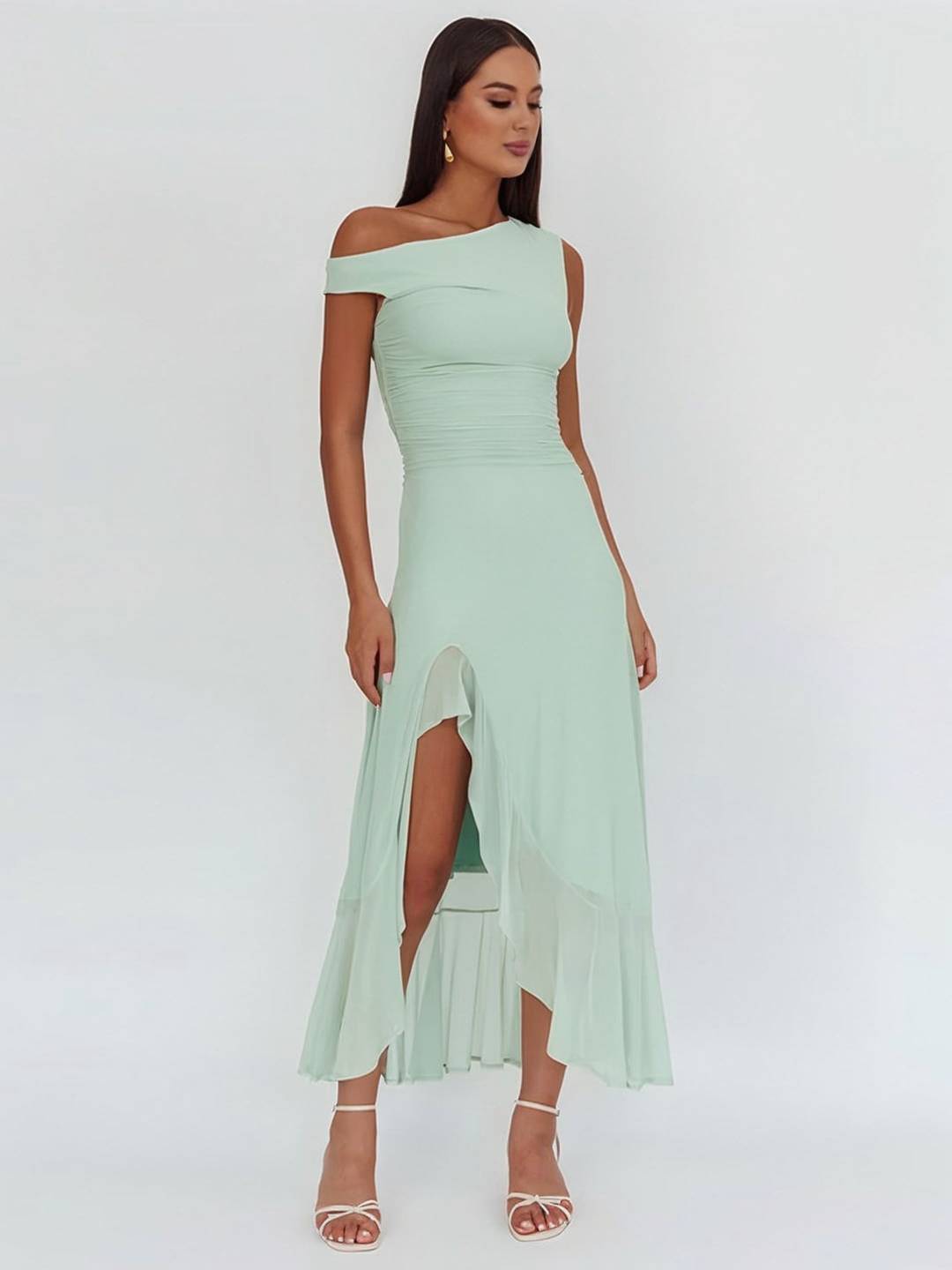 Levoire | Longue Robe En Tulle Ajustée À Épaule Unique Fente Latérale Avec Volant Sans Manches Pour Femmes Élégante Soirée Bal Prom