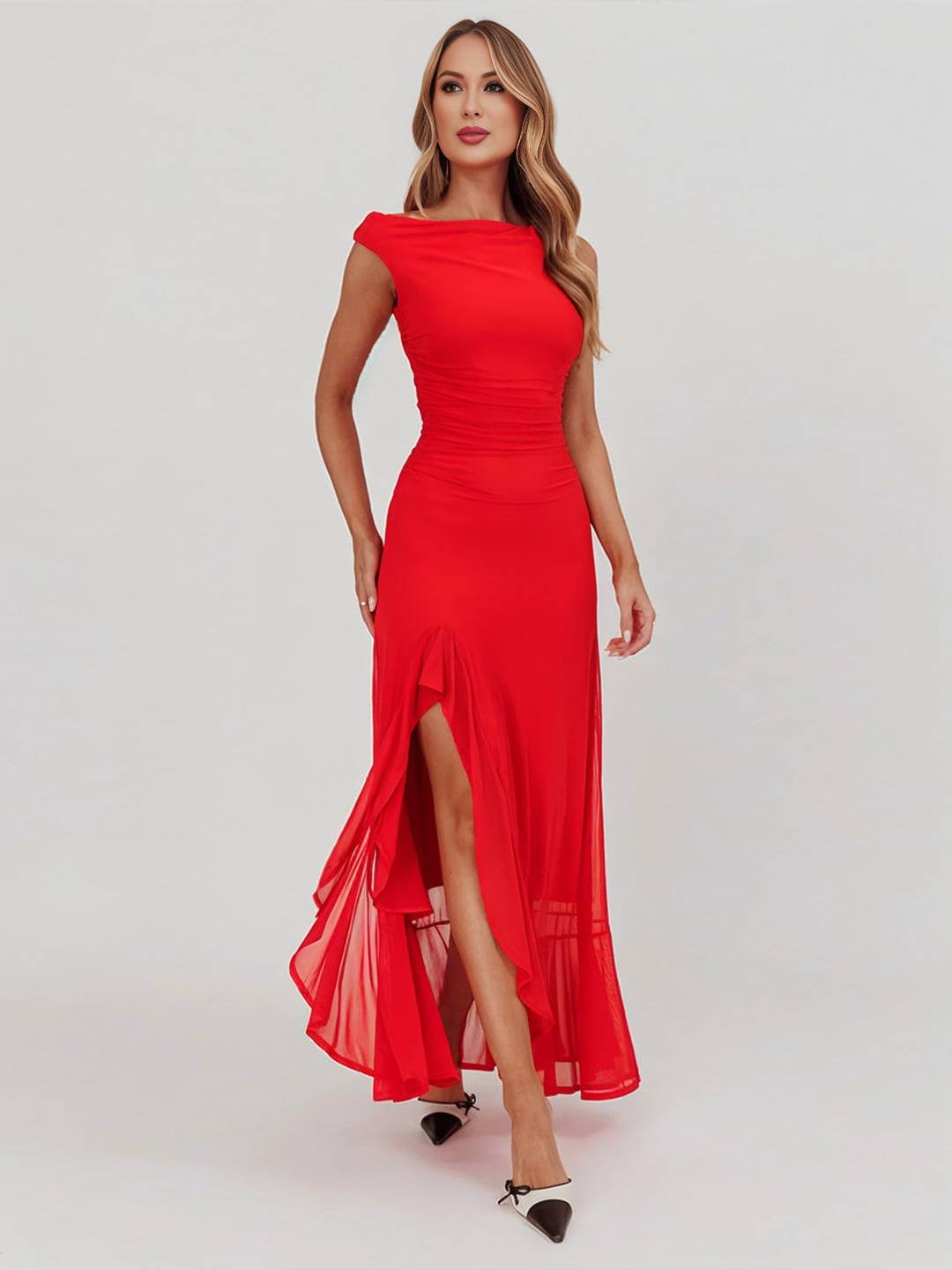 Levoire | Longue Robe En Tulle Ajustée À Épaule Unique Fente Latérale Avec Volant Sans Manches Pour Femmes Élégante Soirée Bal Prom Rot