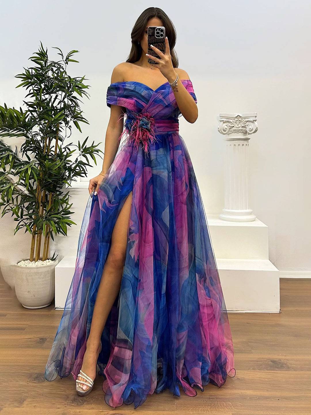 Levoire | Magnifique Robe Longue En Tulle Imprimé Avec Découpe Florale, Fente Sur Le Côté, Sans Manches, Élégante, Vintage, Robe De Soirée Pour Femmes Bleu
