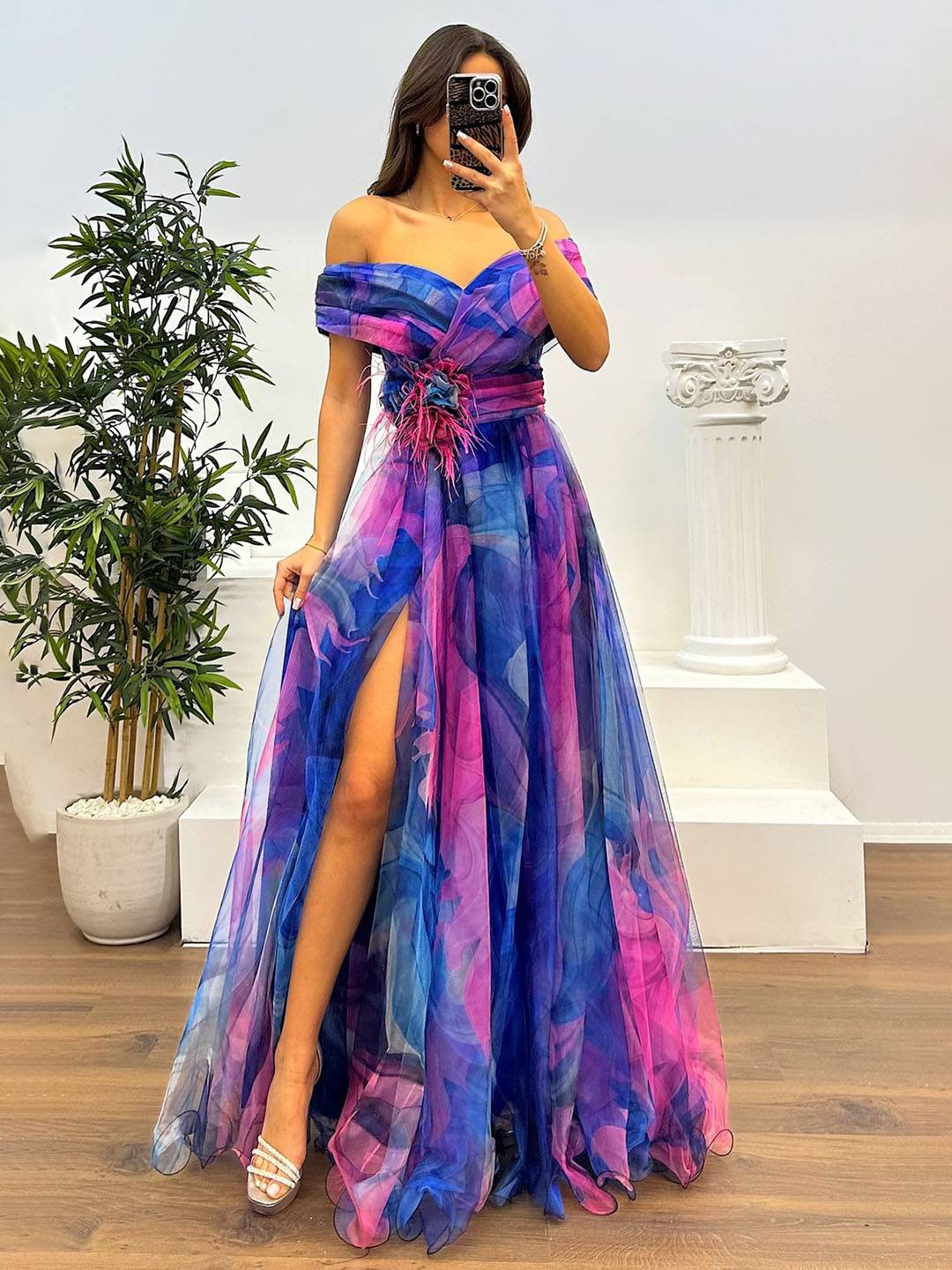 Levoire | Magnifique Robe Longue En Tulle Imprimé Avec Découpe Florale, Fente Sur Le Côté, Sans Manches, Élégante, Vintage, Robe De Soirée Pour Femmes
