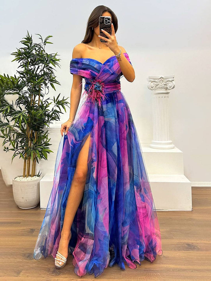 Levoire | Magnifique Robe Longue En Tulle Imprimé Avec Découpe Florale, Fente Sur Le Côté, Sans Manches, Élégante, Vintage, Robe De Soirée Pour Femmes