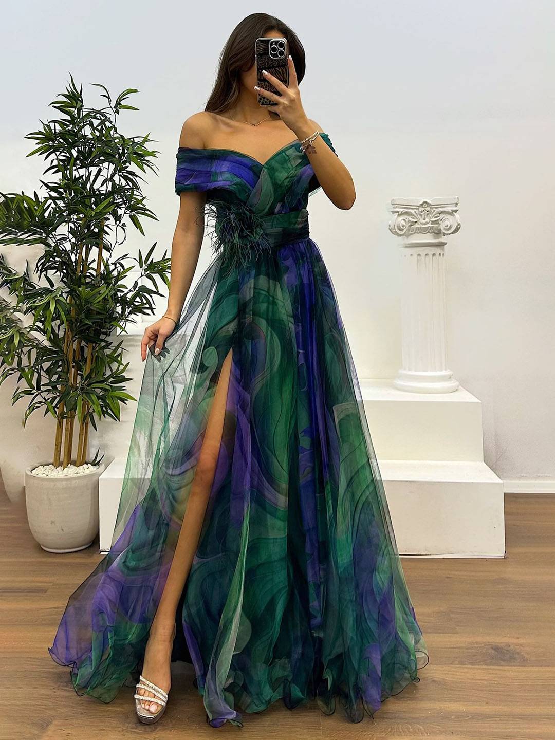 Levoire | Magnifique Robe Longue En Tulle Imprimé Avec Découpe Florale, Fente Sur Le Côté, Sans Manches, Élégante, Vintage, Robe De Soirée Pour Femmes Vert