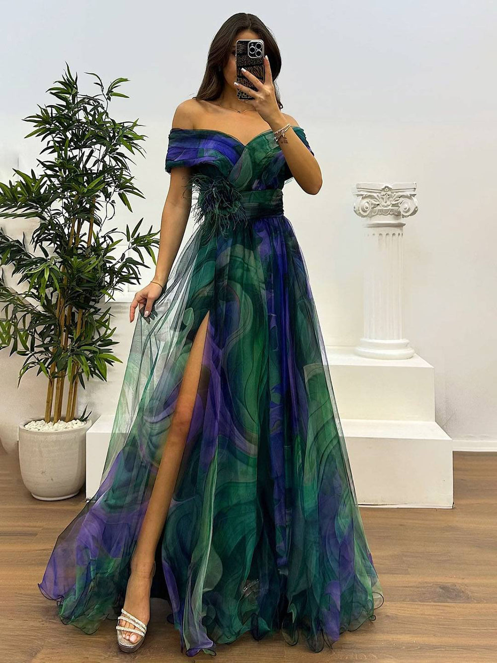 Levoire | Magnifique Robe Longue En Tulle Imprimé Avec Découpe Florale, Fente Sur Le Côté, Sans Manches, Élégante, Vintage, Robe De Soirée Pour Femmes
