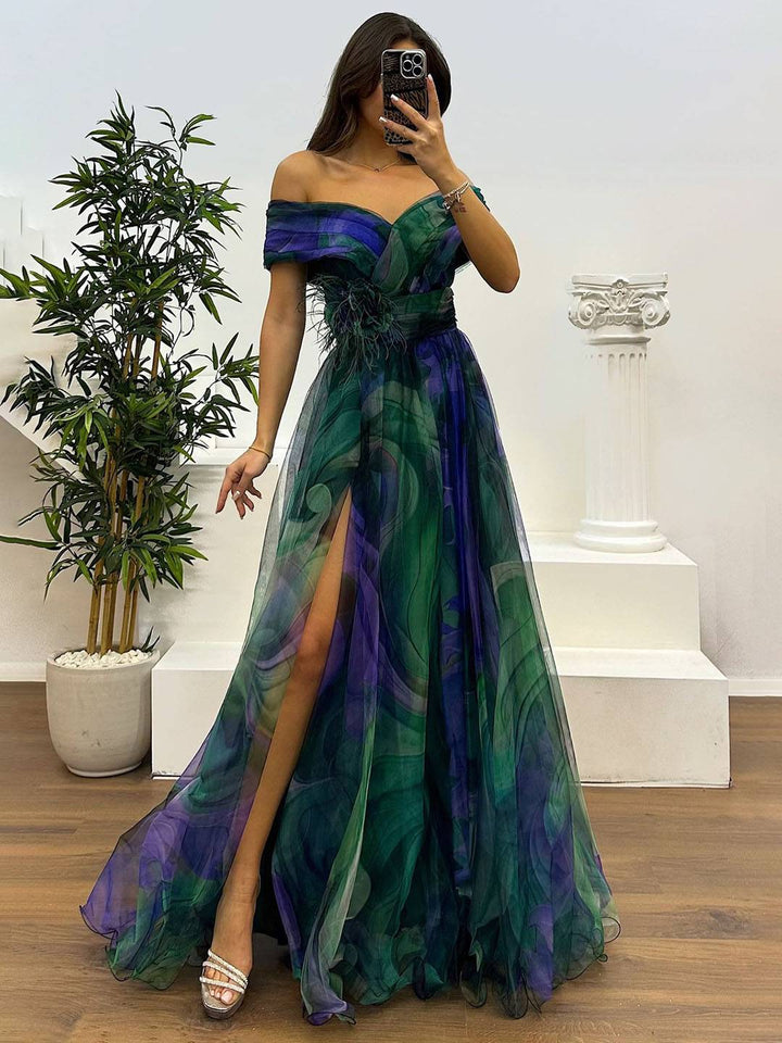 Levoire | Magnifique Robe Longue En Tulle Imprimé Avec Découpe Florale, Fente Sur Le Côté, Sans Manches, Élégante, Vintage, Robe De Soirée Pour Femmes