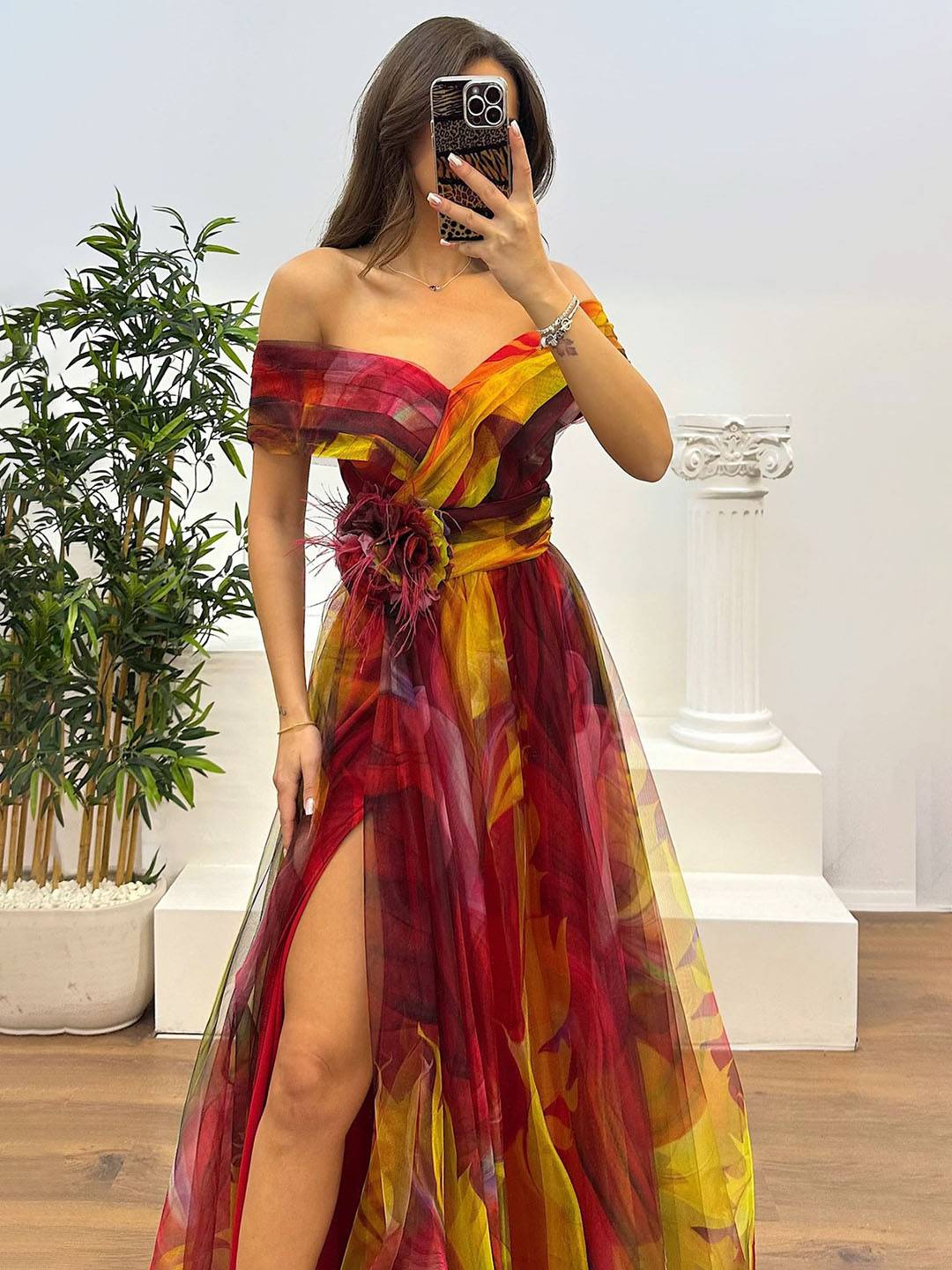 Levoire | Magnifique Robe Longue En Tulle Imprimé Avec Découpe Florale, Fente Sur Le Côté, Sans Manches, Élégante, Vintage, Robe De Soirée Pour Femmes
