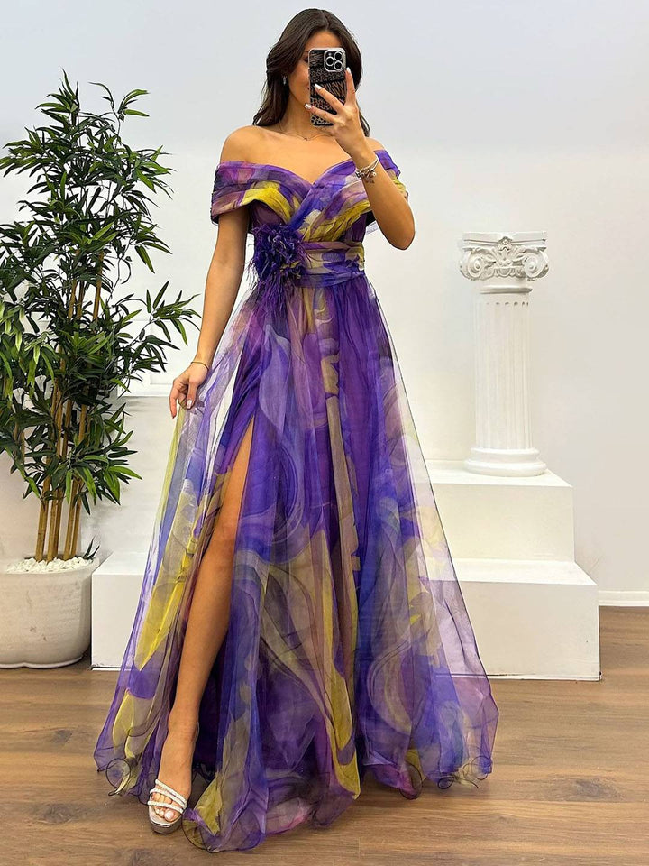 Levoire | Magnifique Robe Longue En Tulle Imprimé Avec Découpe Florale, Fente Sur Le Côté, Sans Manches, Élégante, Vintage, Robe De Soirée Pour Femmes Violet