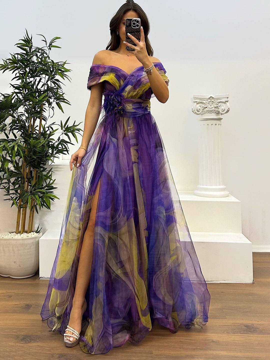 Levoire | Magnifique Robe Longue En Tulle Imprimé Avec Découpe Florale, Fente Sur Le Côté, Sans Manches, Élégante, Vintage, Robe De Soirée Pour Femmes