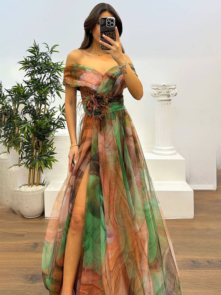 Levoire | Magnifique Robe Longue En Tulle Imprimé Avec Découpe Florale, Fente Sur Le Côté, Sans Manches, Élégante, Vintage, Robe De Soirée Pour Femmes