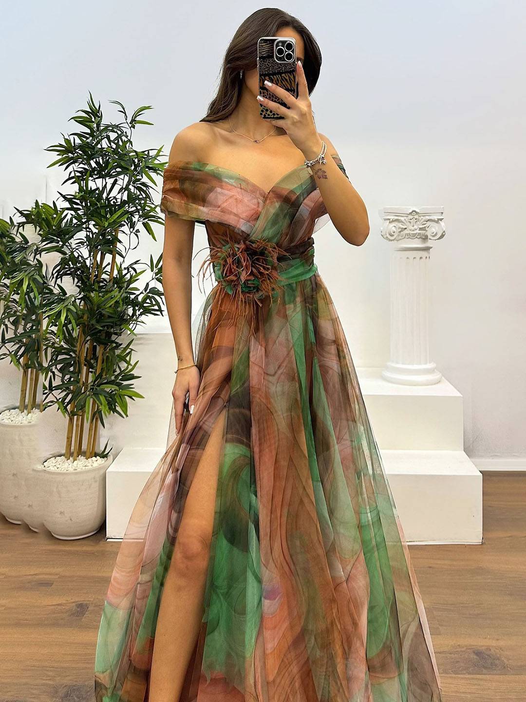Levoire | Magnifique Robe Longue En Tulle Imprimé Avec Découpe Florale, Fente Sur Le Côté, Sans Manches, Élégante, Vintage, Robe De Soirée Pour Femmes Kamel