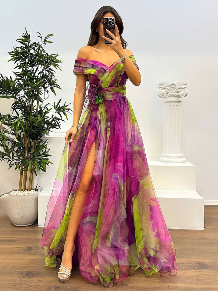 Levoire | Magnifique Robe Longue En Tulle Imprimé Avec Découpe Florale, Fente Sur Le Côté, Sans Manches, Élégante, Vintage, Robe De Soirée Pour Femmes Framboise