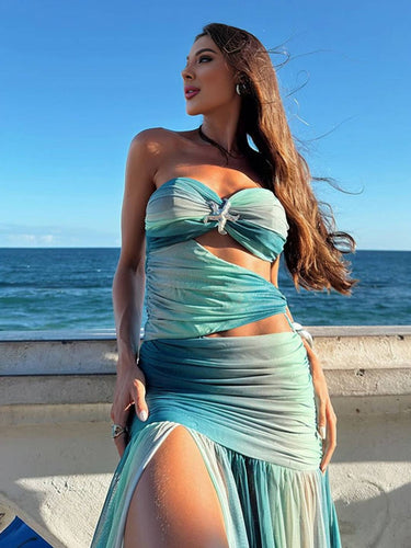 Levoire | Robe Longue Dégradé En Couleur Encolure Fente Bustier Dos Nu Sans Manches Bohème Décontracté Tenue De Plage Aqua Vert
