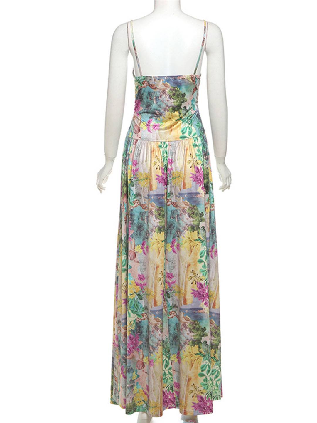 Levoire | Longue Robe D'Été Décolletée En V Avec Motif Floral Et Découpes En Coquillage Dos Nu Femmes Loisirs Plage Vert