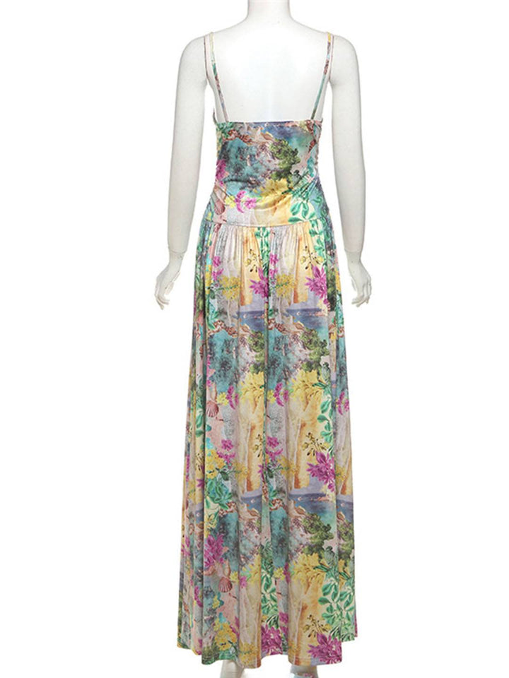 Levoire | Longue Robe D'Été Décolletée En V Avec Motif Floral Et Découpes En Coquillage Dos Nu Femmes Loisirs Plage Vert