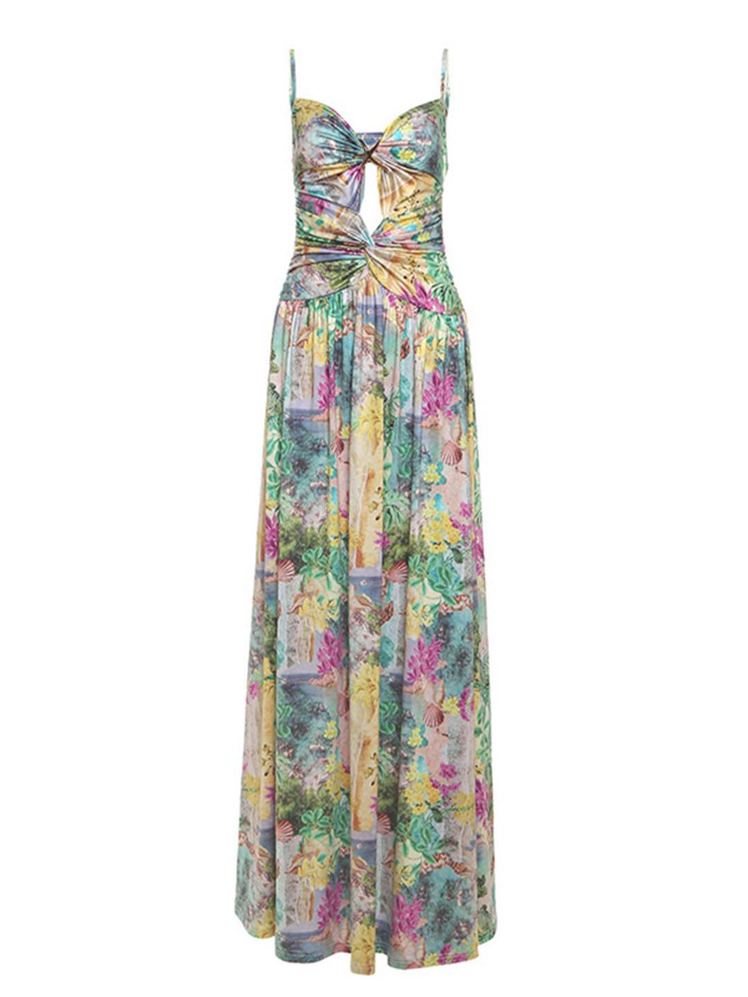 Levoire | Longue Robe D'Été Décolletée En V Avec Motif Floral Et Découpes En Coquillage Dos Nu Femmes Loisirs Plage Vert