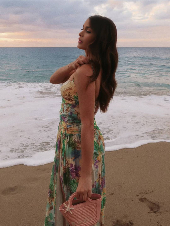Levoire | Longue Robe D'Été Décolletée En V Avec Motif Floral Et Découpes En Coquillage Dos Nu Femmes Loisirs Plage Vert