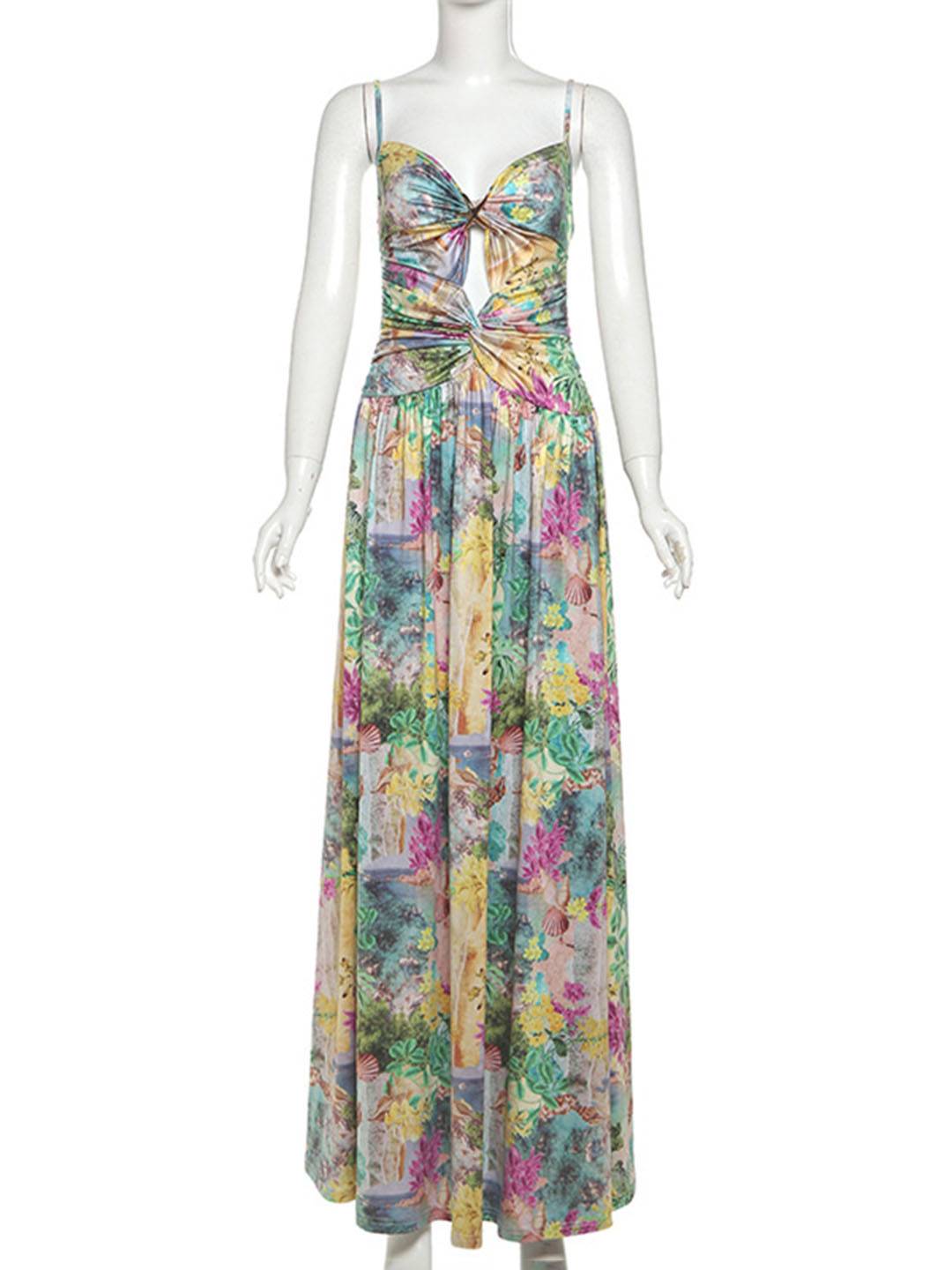 Levoire | Longue Robe D'Été Décolletée En V Avec Motif Floral Et Découpes En Coquillage Dos Nu Femmes Loisirs Plage Vert