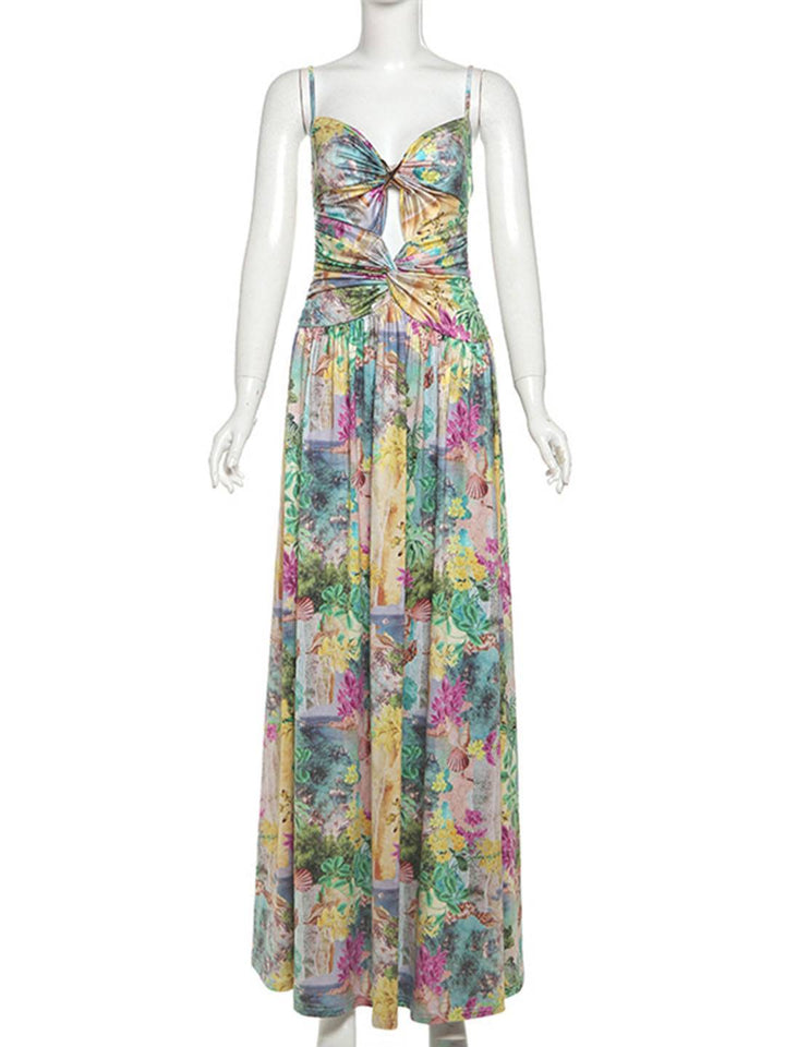 Levoire | Longue Robe D'Été Décolletée En V Avec Motif Floral Et Découpes En Coquillage Dos Nu Femmes Loisirs Plage Vert