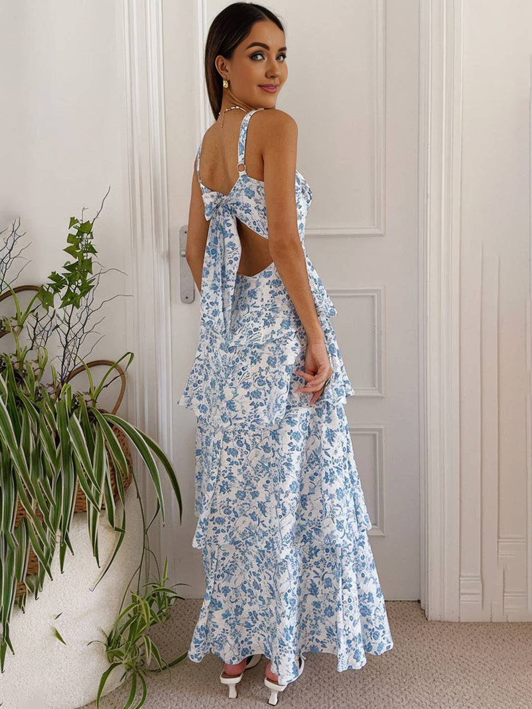 Levoire | Robe Longue À Imprimé Floral Avec Volants Et Fines Bretelles Dos Noué Pour Femmes Douce Élégante Plage