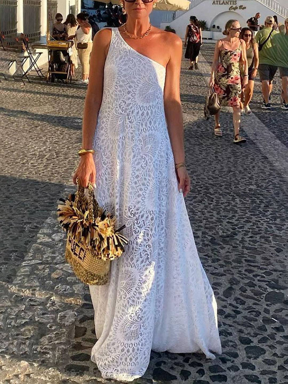 Levoire | Robe Longue En Dentelle Broderie Anglaise À Une Épaule Fente Sur Le Côté Sans Manches Femmes Bohémienne Décontractée Plage