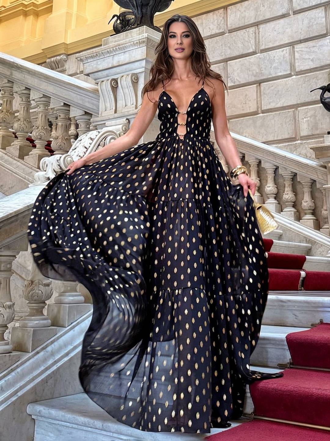 Levoire | Robe En Chiffon Longue À Pois Volant Dos Nu Avec Fines Bretelles Décolleté En V Sans Manches Robe De Soirée Élégante Cérémonie Noir