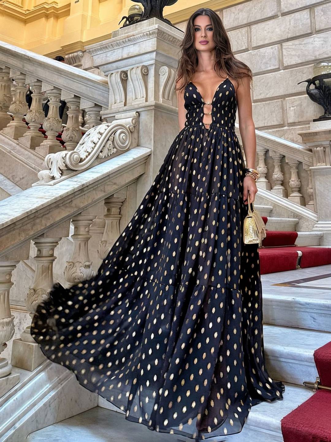 Levoire | Robe En Chiffon Longue À Pois Volant Dos Nu Avec Fines Bretelles Décolleté En V Sans Manches Robe De Soirée Élégante Cérémonie