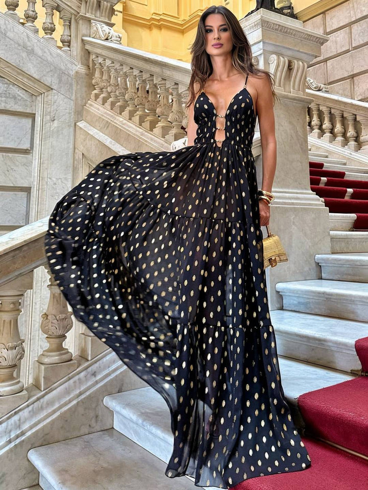 Levoire | Robe En Chiffon Longue À Pois Volant Dos Nu Avec Fines Bretelles Décolleté En V Sans Manches Robe De Soirée Élégante Cérémonie