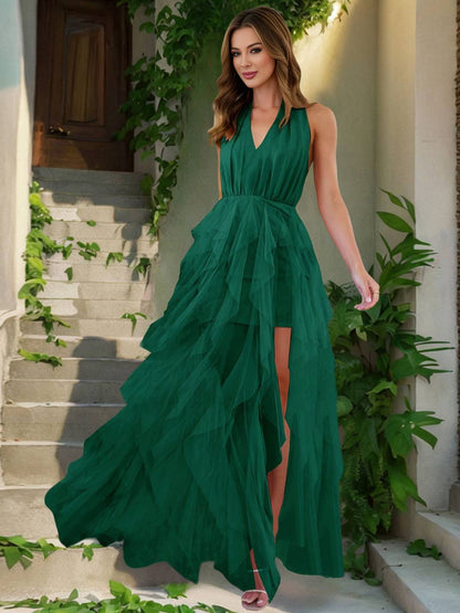 Levoire | Long V-Cou Irregulier Tulle Fente Latérale Sans Manches Femmes Doux Élégant Anniversaire Cérémonie