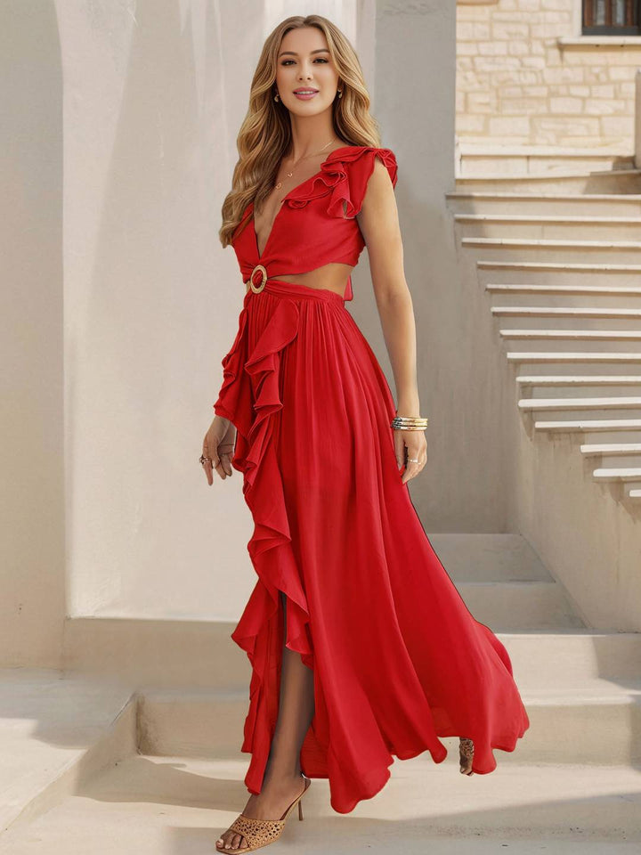 Levoire | Robe Longue À Décolleté En V Avec Fentes Sur Les Côtés, Fente, Volant, Nœud, Dos Nu, Sans Manches, Femme, Boho, Décontracté, Plage