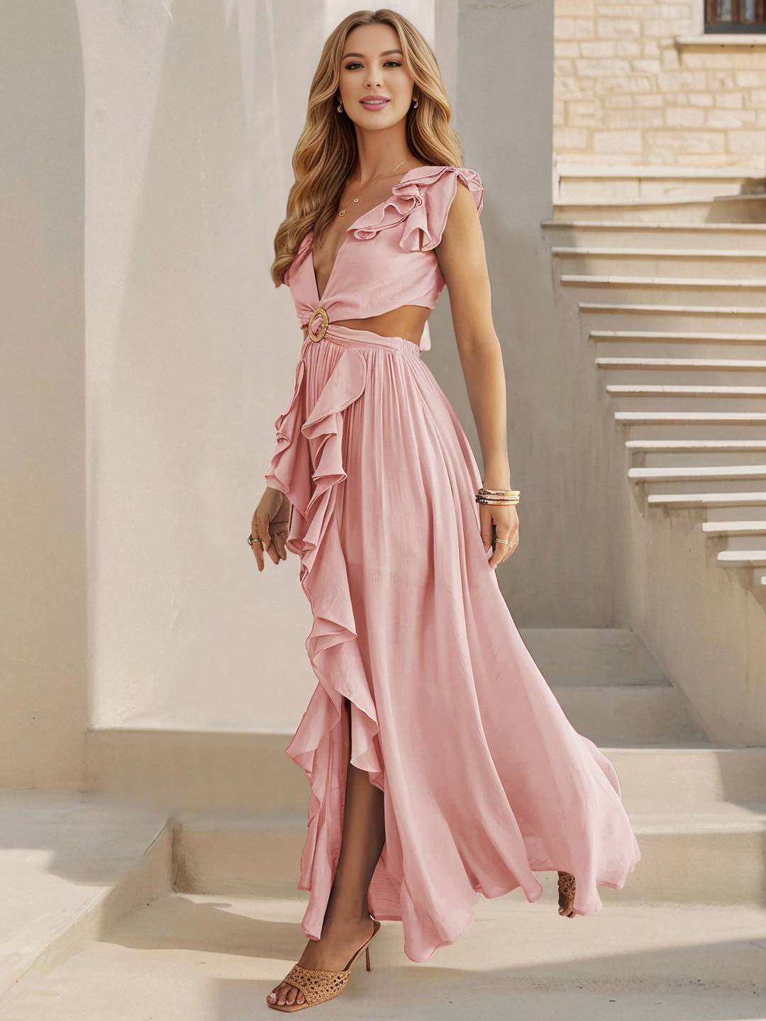 Levoire | Robe Longue À Décolleté En V Avec Fentes Sur Les Côtés, Fente, Volant, Nœud, Dos Nu, Sans Manches, Femme, Boho, Décontracté, Plage