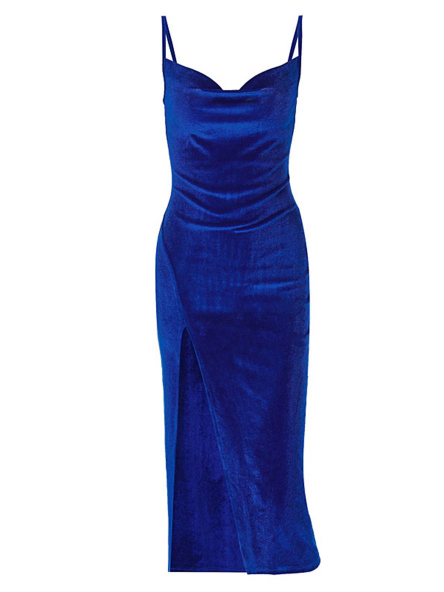 Levoire | Robe Velours Mi-Longue Ajustée Avec Fente Sur Le Côté Dos Nu Avec Fines Bretelles Sans Manches Pour Femmes Bal De Promo