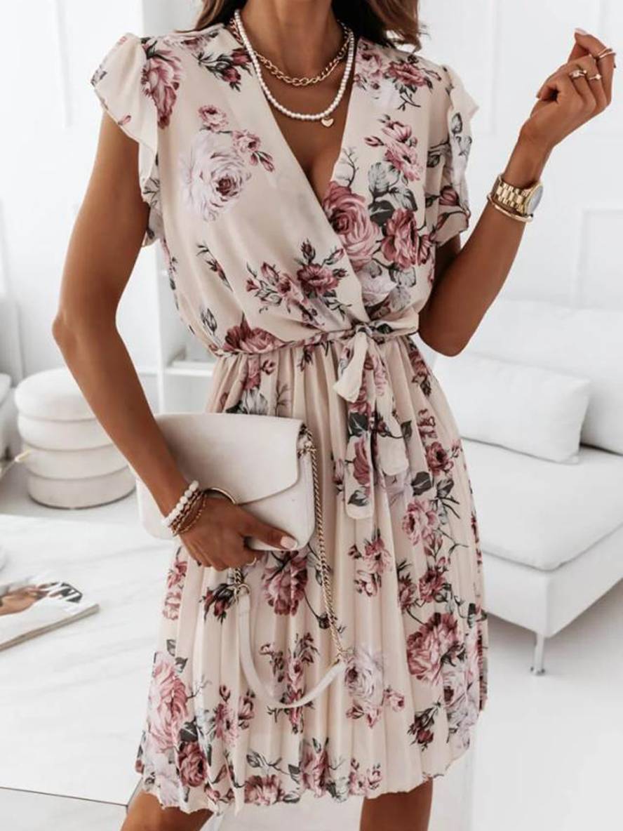 Levoire | Robe Mi-Longue Décolleté En V Floral Plissée Ceinturée À Manches Courtes Femmes Bohème Invité Mariage Plage