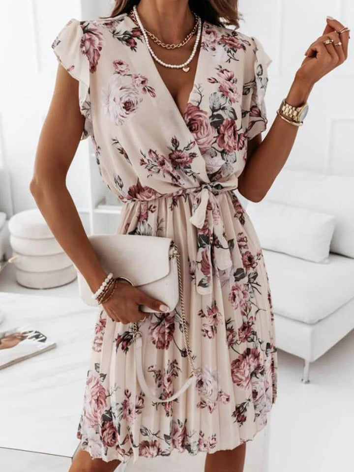 Levoire | Robe Mi-Longue Décolleté En V Floral Plissée Ceinturée À Manches Courtes Femmes Bohème Invité Mariage Plage