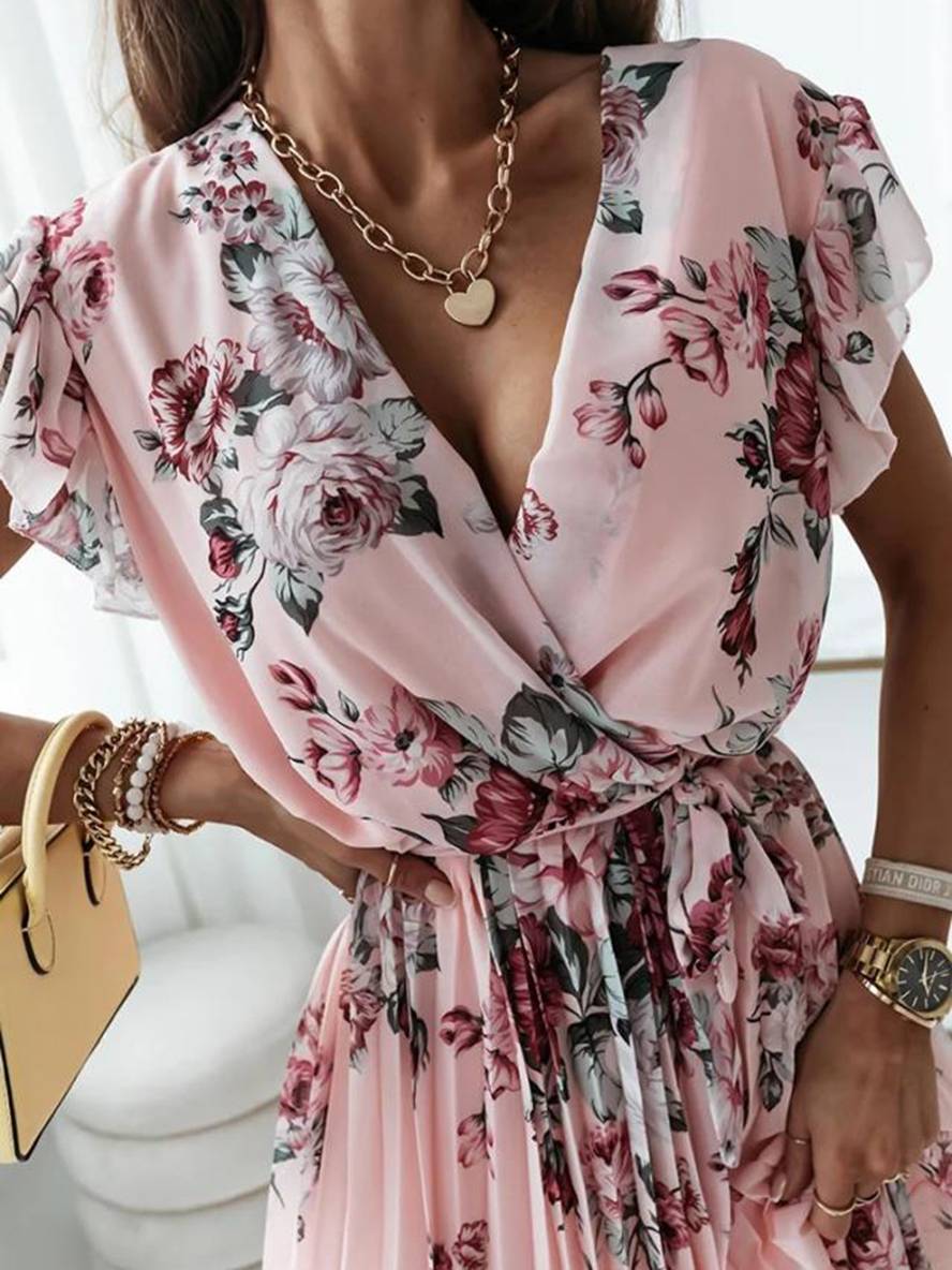 Levoire | Robe Mi-Longue Décolleté En V Floral Plissée Ceinturée À Manches Courtes Femmes Bohème Invité Mariage Plage