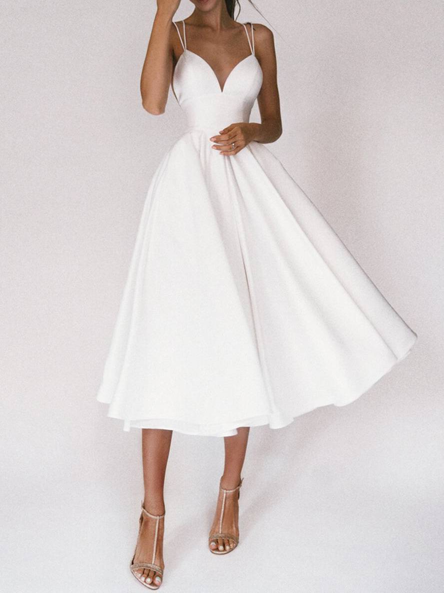 Levoire | Robe Midi Longue Trapèze Dos Nu Fines Bretelles Décolleté En V Femme Élégant Cocktail Blanc