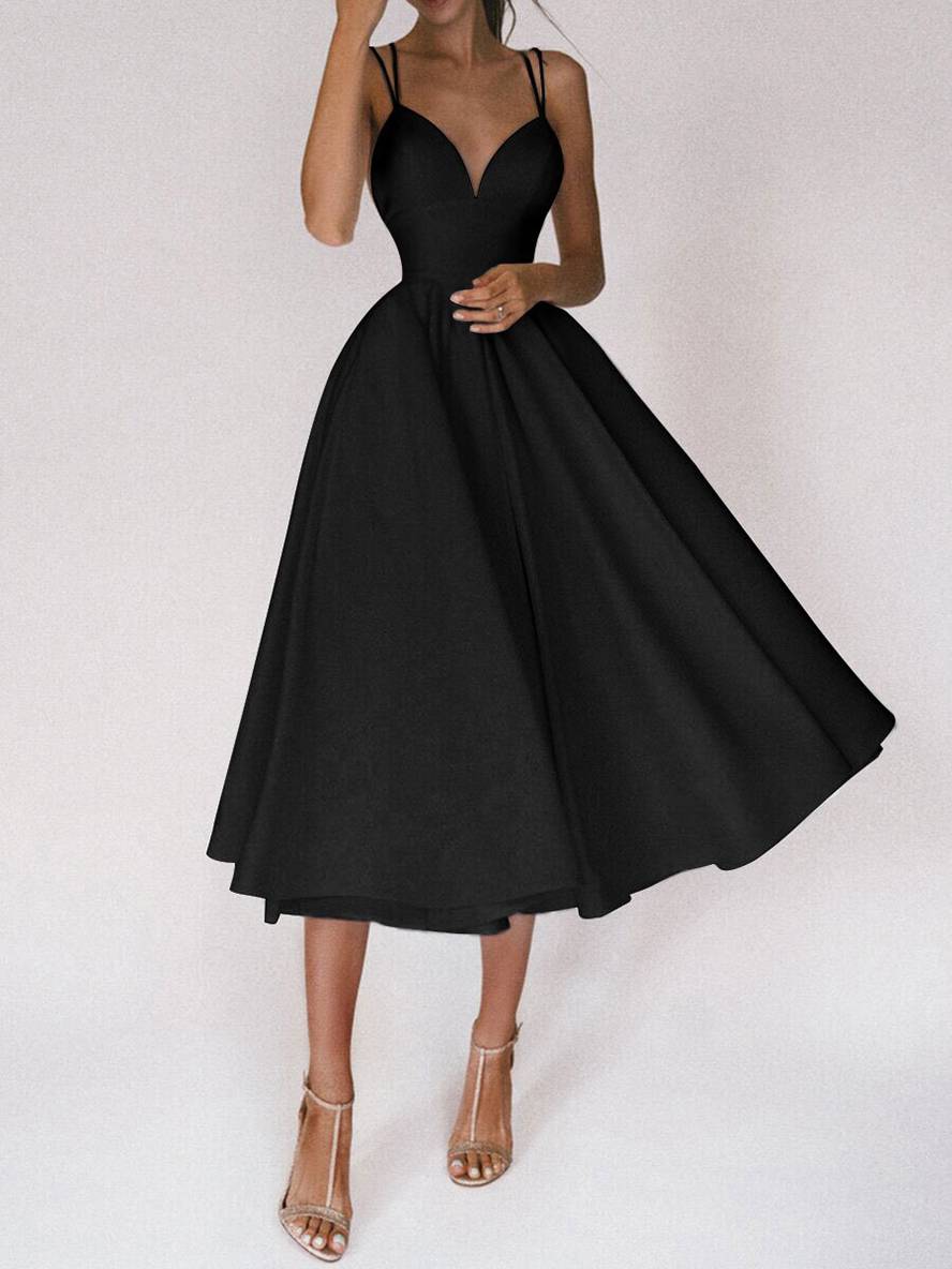 Levoire | Robe Midi Longue Trapèze Dos Nu Fines Bretelles Décolleté En V Femme Élégant Cocktail Noir