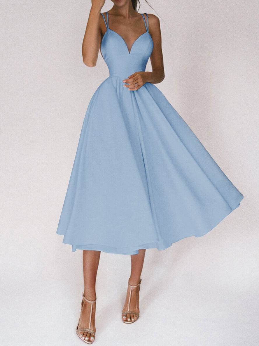Levoire | Robe Midi Longue Trapèze Dos Nu Fines Bretelles Décolleté En V Femme Élégant Cocktail Bleu