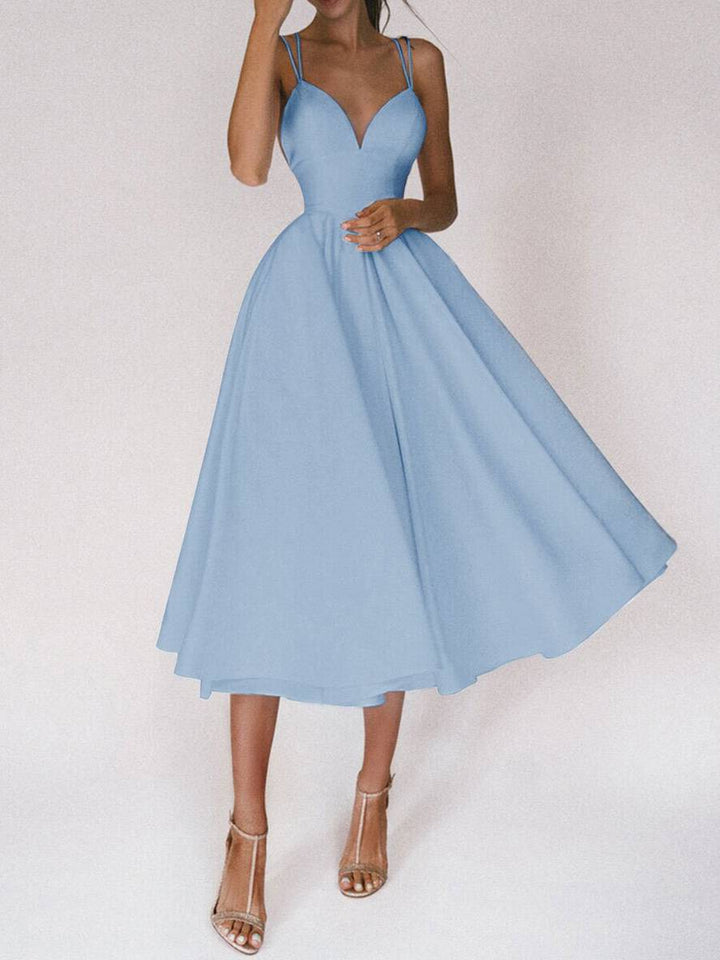 Levoire | Robe Midi Longue Trapèze Dos Nu Fines Bretelles Décolleté En V Femme Élégant Cocktail Bleu