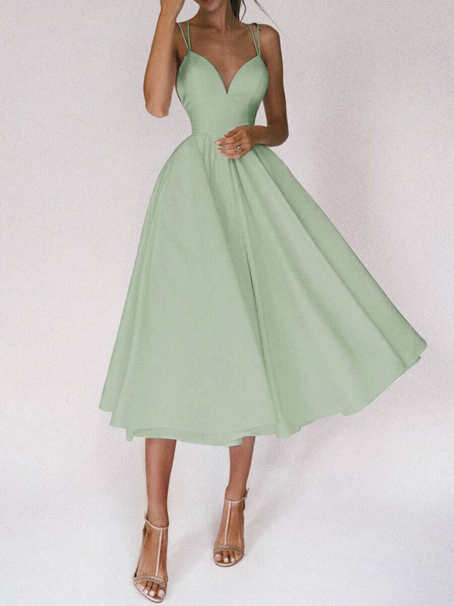 Levoire | Robe Midi Longue Trapèze Dos Nu Fines Bretelles Décolleté En V Femme Élégant Cocktail Vert