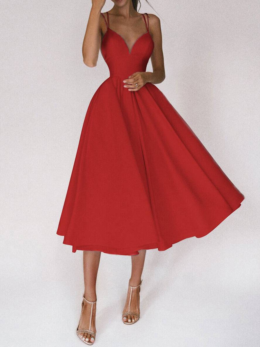 Levoire | Robe Midi Longue Trapèze Dos Nu Fines Bretelles Décolleté En V Femme Élégant Cocktail Rot