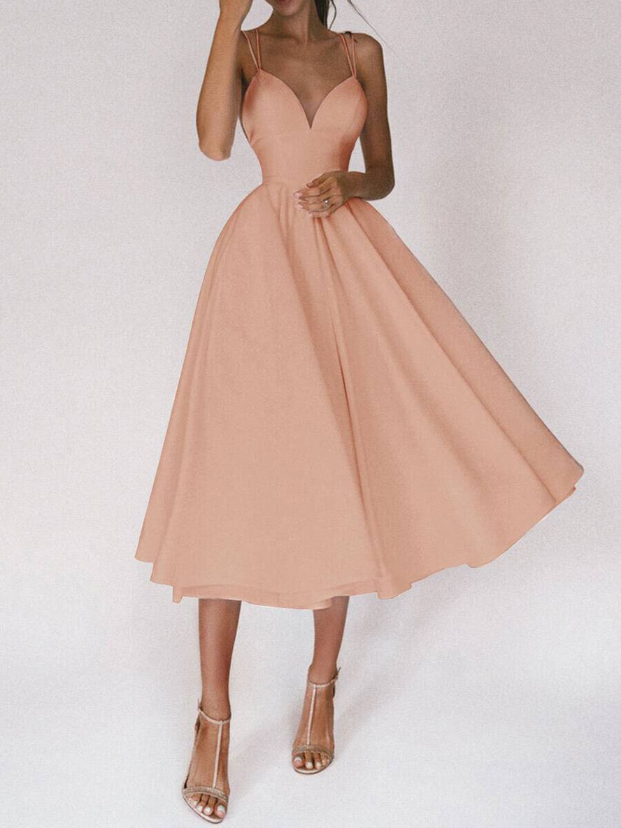 Levoire | Robe Midi Longue Trapèze Dos Nu Fines Bretelles Décolleté En V Femme Élégant Cocktail Rosa