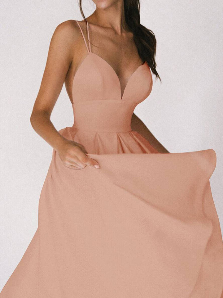 Levoire | Robe Midi Longue Trapèze Dos Nu Fines Bretelles Décolleté En V Femme Élégant Cocktail