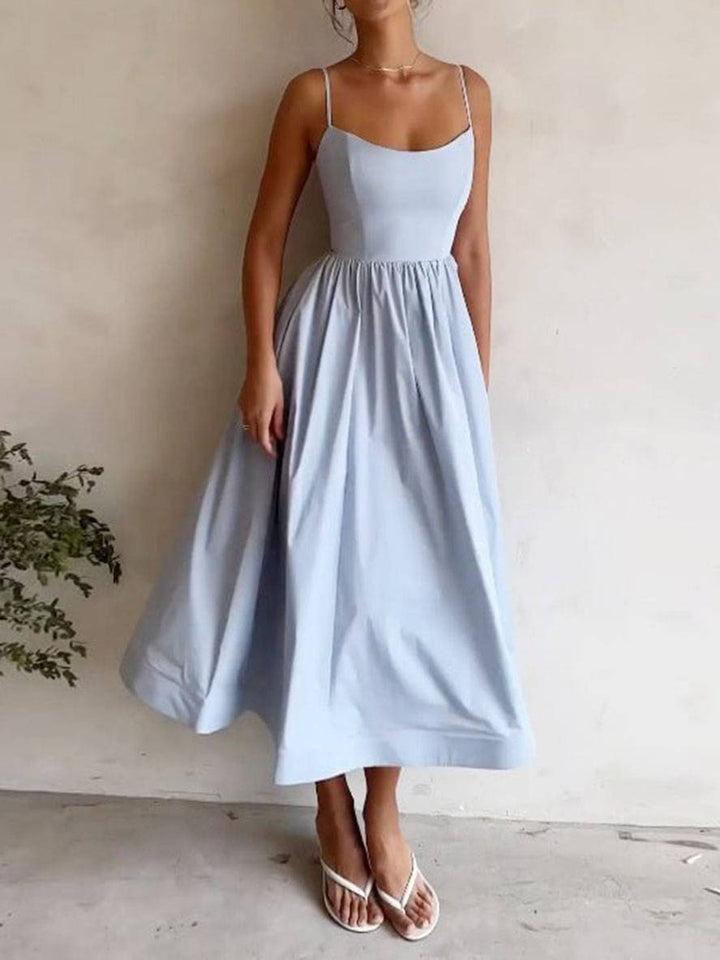 Levoire | Robe Midi A-Ligne Unie Fluide Sans Bretelles Dos Nu À Fines Bretelles Sans Manches Pour Femmes Élégante Mode Cocktail Bleu pastel